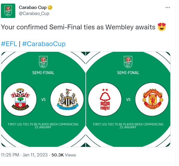 カラバオカップの抽選結果、準決勝の組み合わせはこうだ