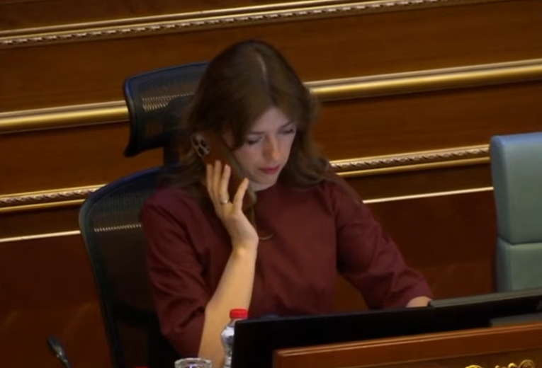 Albulena Haxhiu flet me dikë në telefon para vazhdimit të seancës për Presidentin