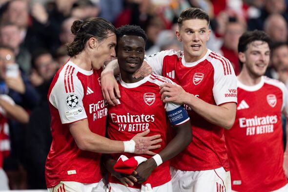 London England Bukayo Saka Of Arsenal Celebrates With His Teammates After Scoring His Sides 6903383